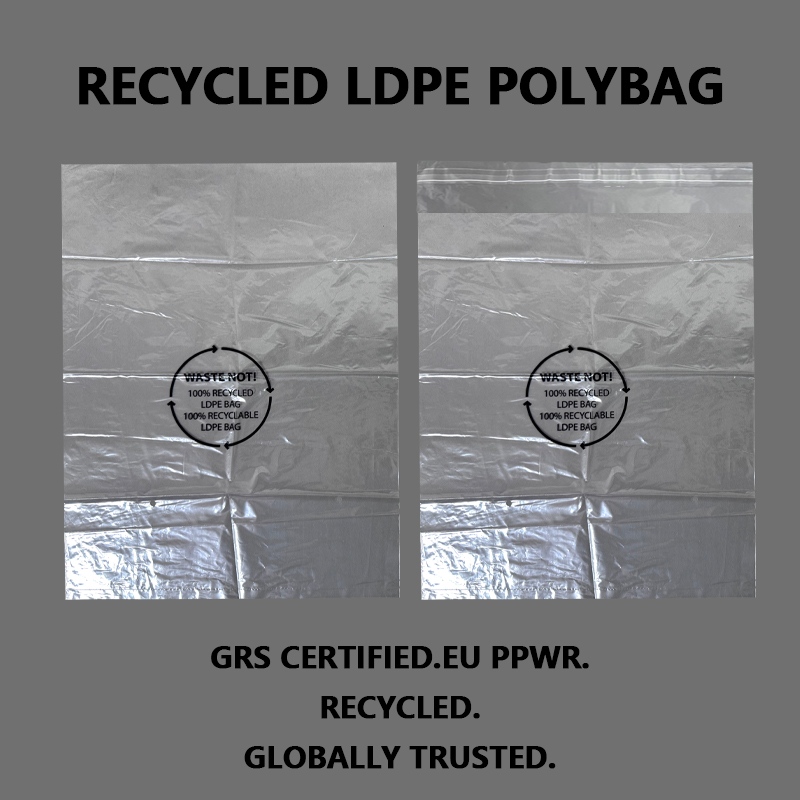 Bolsa de polietileno de LDPE reciclada con certificación GRS personalizada con sello autoadhesivo para embalaje de prendas de vestir